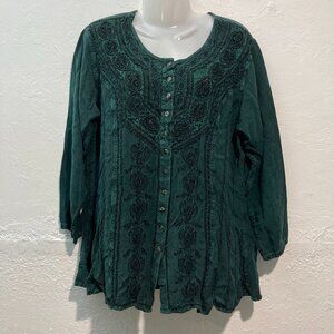 L Pogee Womens Button U Top Long Sleeve Embroidered Boho Blouse Green Tie Back